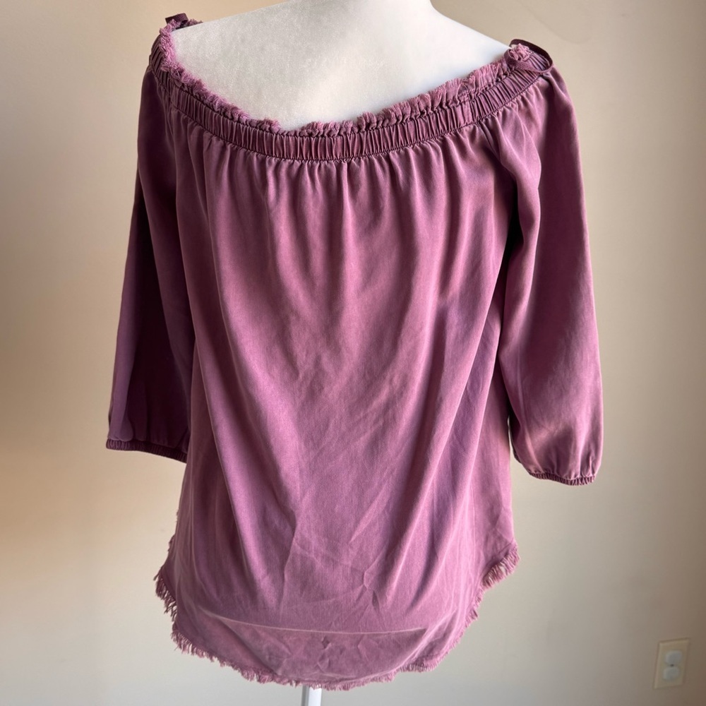 SIDE STITCH Los Angeles 100% Tencel Burgundy Off Shoulder Distressed‎ Boho Top - Picture 2 of 9